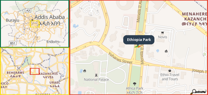 Map showing the address of Ethiopia Park in three different zoom levels.