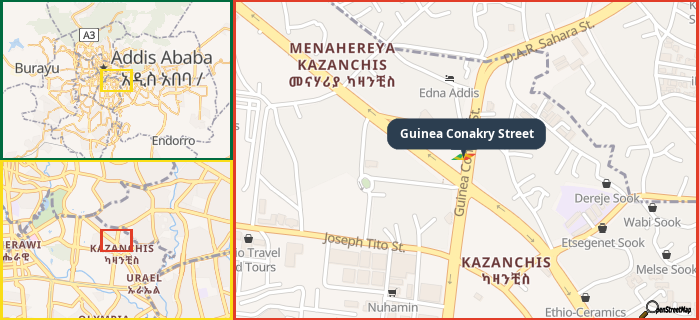 Map showing the address of Guinea Conakry Street in three different zoom levels.