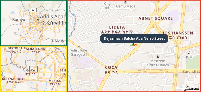 Map showing the address of Dejazmach Balcha Aba Nefso Street in three different zoom levels.