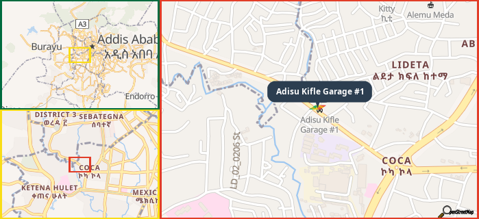 Map showing the address of Adisu Kifle Garage #1 in three different zoom levels.