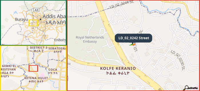 Map showing the address of LD_02_0242 Street in three different zoom levels.