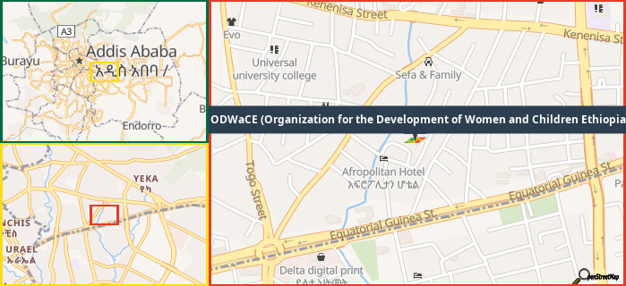 Map showing the address of ODWaCE (Organization for the Development of Women and Children Ethiopia in three different zoom levels.