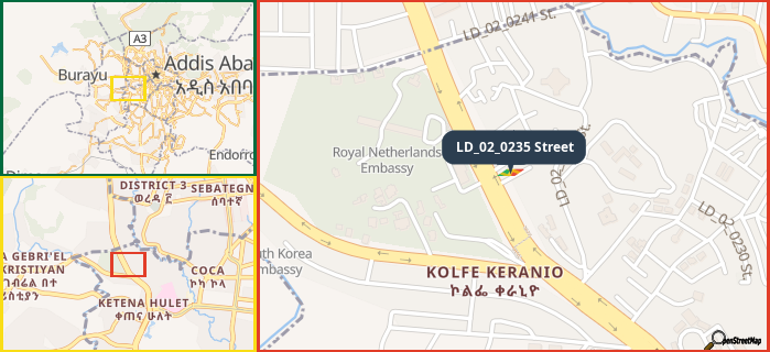 Map showing the address of LD_02_0235 Street in three different zoom levels.