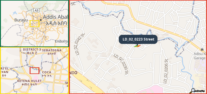 Map showing the address of LD_02_0223 Street in three different zoom levels.