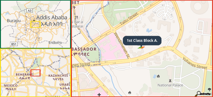 Map showing the address of 1st Class Block A. in three different zoom levels.