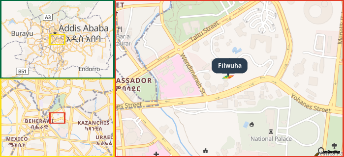 Map showing the address of Filwuha in three different zoom levels.