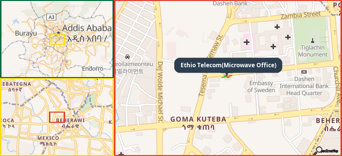 Map showing the address of Ethio Telecom(Microwave Office) in three different zoom levels.