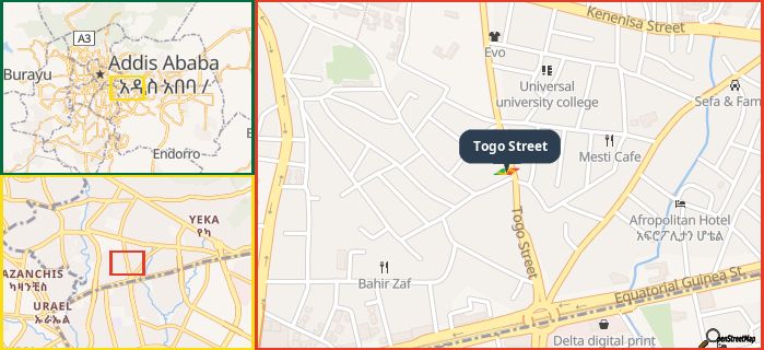 Map showing the address of Togo Street in three different zoom levels.