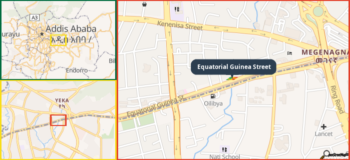 Map showing the address of Equatorial Guinea Street in three different zoom levels.