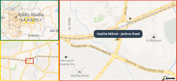 Map showing the address of Sealite Mihret - Jackros Road in three different zoom levels.