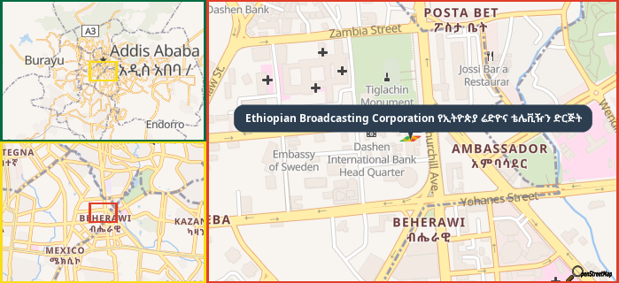 Map showing the address of Ethiopian Broadcasting Corporation የኢትዮጵያ ሬድዮና ቴሌቪዥን ድርጅት in three different zoom levels.