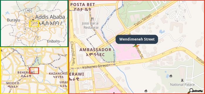 Map showing the address of Wendimeneh Street in three different zoom levels.