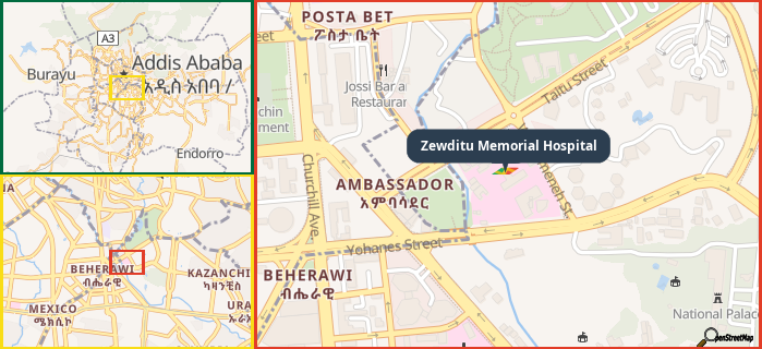 Map showing the address of Zewditu Memorial Hospital in three different zoom levels.