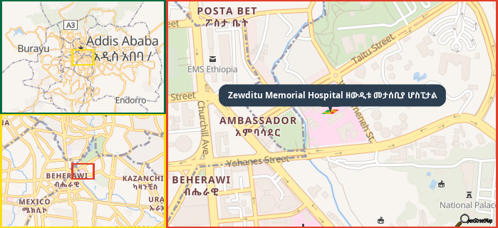 Map showing the address of Zewditu Memorial Hospital ዘውዲቱ መታሰቢያ ሆስፒታል in three different zoom levels.