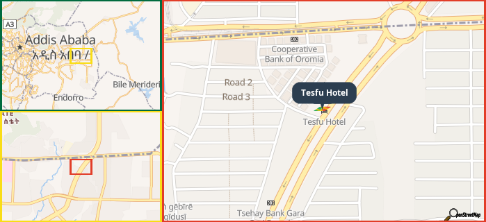 Map showing the address of Tesfu Hotel in three different zoom levels.