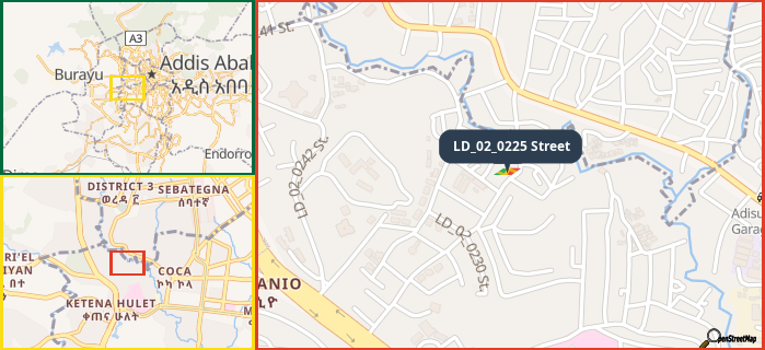 Map showing the address of LD_02_0225 Street in three different zoom levels.