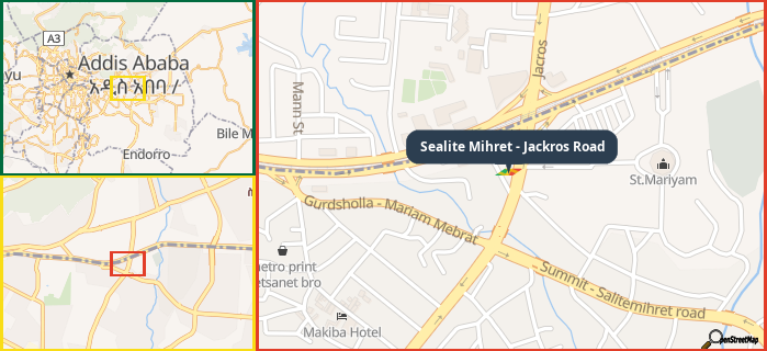 Map showing the address of Sealite Mihret - Jackros Road in three different zoom levels.