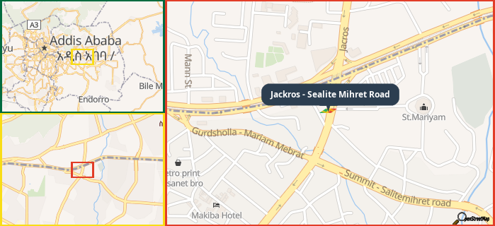 Map showing the address of Jackros - Sealite Mihret Road in three different zoom levels.