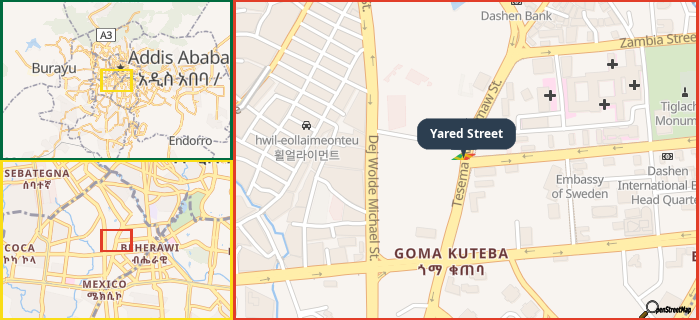 Map showing the address of Yared Street in three different zoom levels.