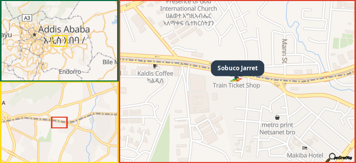 Map showing the address of Sobuco Jarret in three different zoom levels.