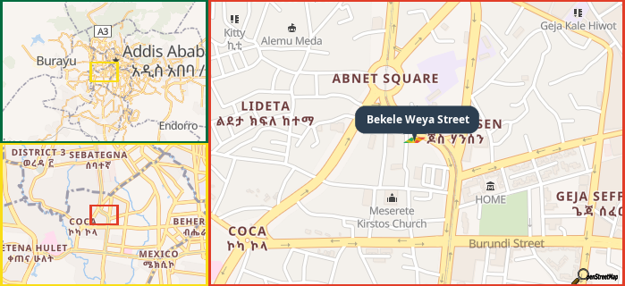 Map showing the address of Bekele Weya Street in three different zoom levels.