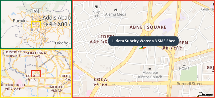 Map showing the address of Lideta Subcity Woreda 3 SME Shed in three different zoom levels.