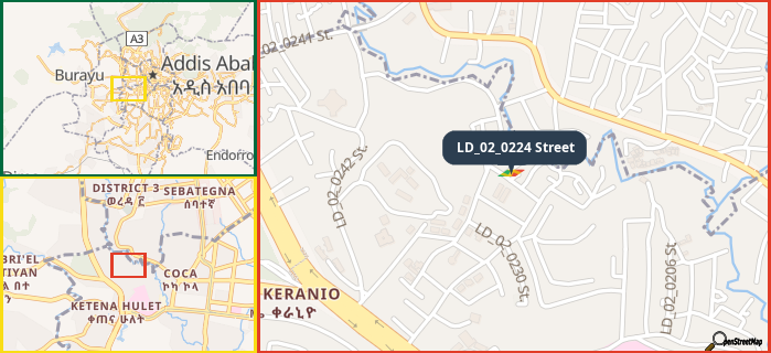 Map showing the address of LD_02_0224 Street in three different zoom levels.