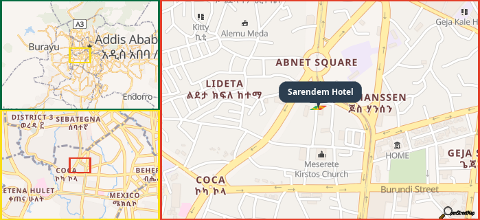 Map showing the address of Sarendem Hotel in three different zoom levels.
