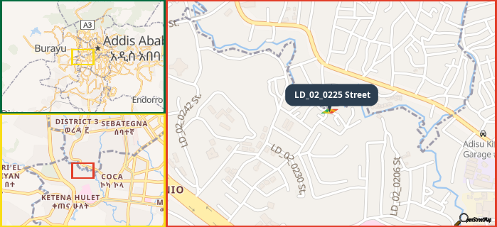 Map showing the address of LD_02_0225 Street in three different zoom levels.