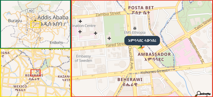 Map showing the address of አምባሳደር ላውንደሪ in three different zoom levels.