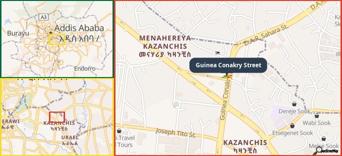 Map showing the address of Guinea Conakry Street in three different zoom levels.