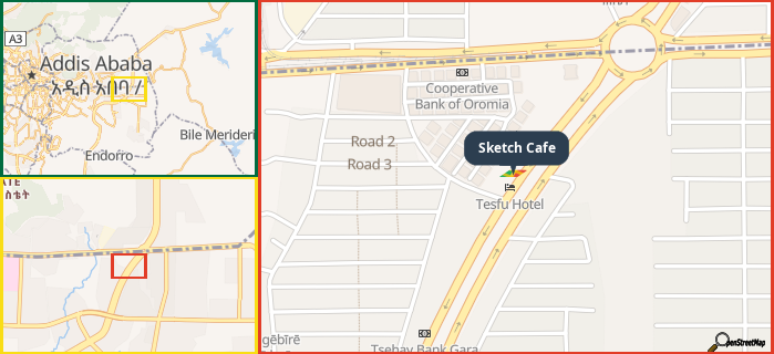 Map showing the address of Sketch Cafe in three different zoom levels.