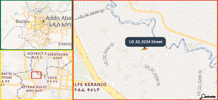 Map showing the address of LD_02_0234 Street in three different zoom levels.