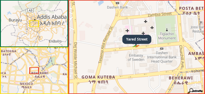 Map showing the address of Yared Street in three different zoom levels.