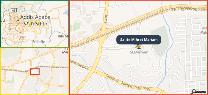 Map showing the address of Salite Mihret Mariam in three different zoom levels.
