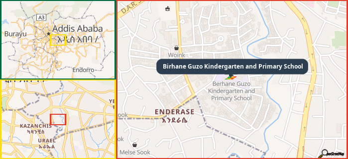 Map showing the address of Birhane Guzo Kindergarten and Primary School in three different zoom levels.