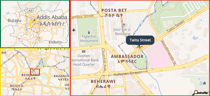 Map showing the address of Taitu Street in three different zoom levels.