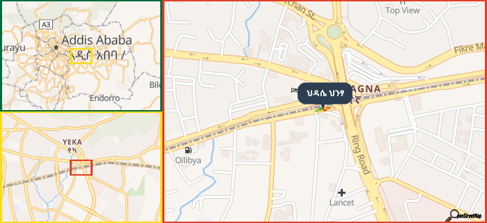 Map showing the address of ህዳሴ ህንፃ in three different zoom levels.