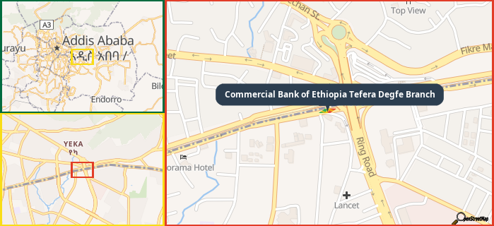 Map showing the address of Commercial Bank of Ethiopia Tefera Degfe Branch in three different zoom levels.