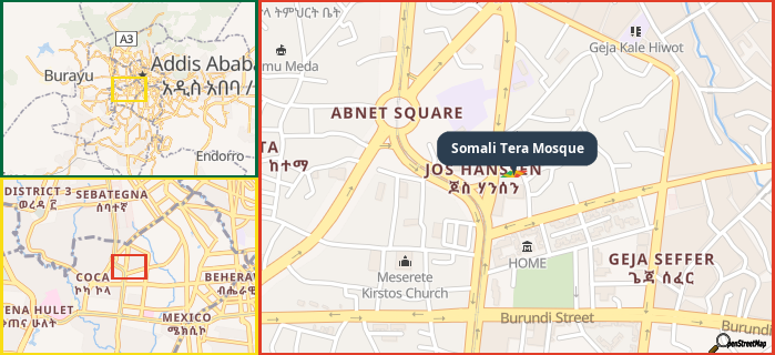 Map showing the address of Somali Tera Mosque in three different zoom levels.