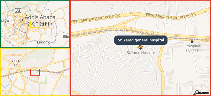Map showing the address of St. Yared general hospital in three different zoom levels.