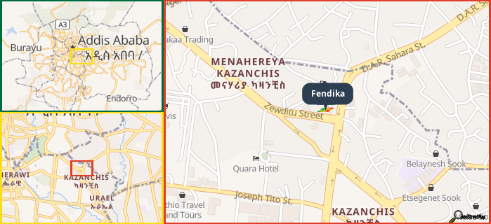 Map showing the address of Fendika in three different zoom levels.