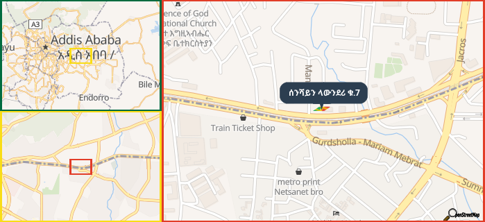 Map showing the address of ሰንሻይን ላውንደሪ ቁ.7 in three different zoom levels.