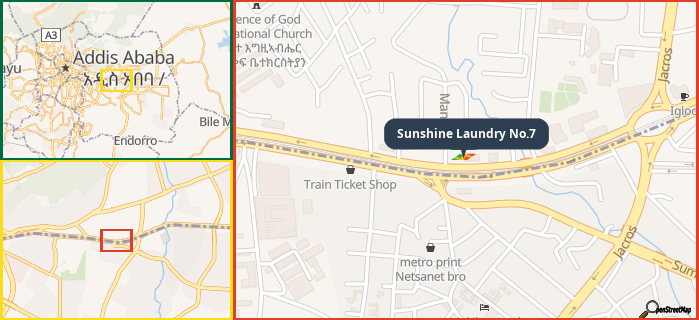 Map showing the address of Sunshine Laundry No.7 in three different zoom levels.