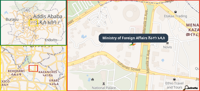 Map showing the address of Ministry of Foreign Affairs ሸራተን አዲስ in three different zoom levels.