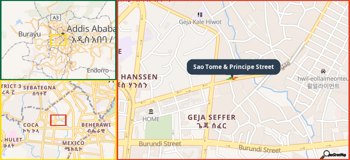 Map showing the address of Sao Tome & Principe Street in three different zoom levels.