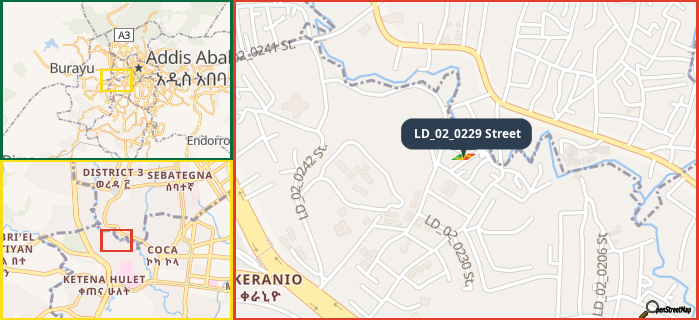 Map showing the address of LD_02_0229 Street in three different zoom levels.