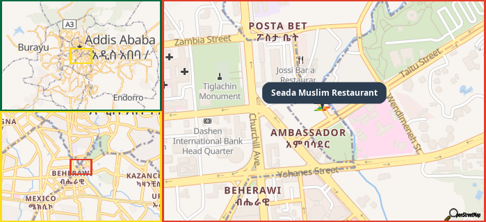 Map showing the address of Seada Muslim Restaurant in three different zoom levels.