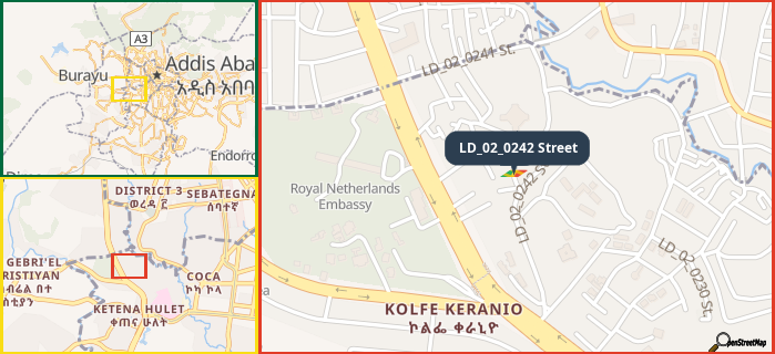 Map showing the address of LD_02_0242 Street in three different zoom levels.