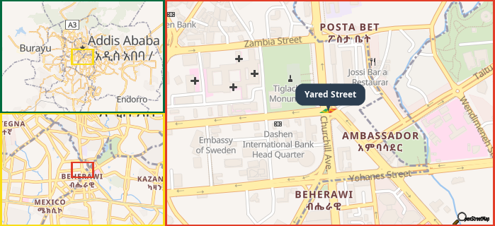 Map showing the address of Yared Street in three different zoom levels.